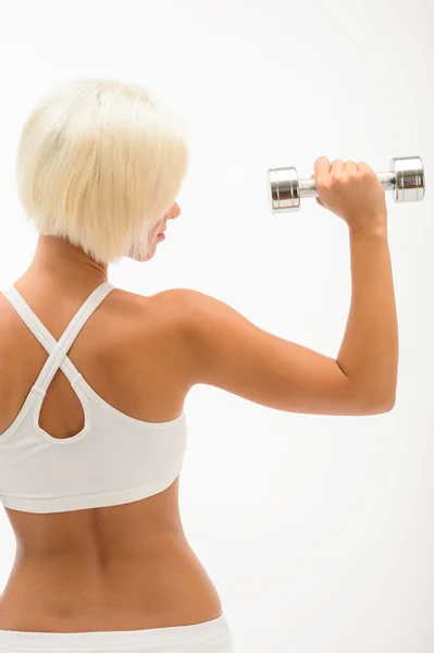 Muscolare donna fitness bianco tenere pesi bianchi Fotografia Stock