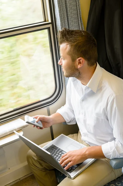 Man looking out the train window thinking — Stock Photo, Image