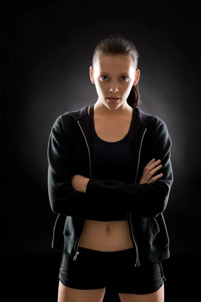 Siyah fitness spor genç kadın portre poz — Stok fotoğraf