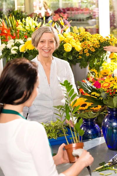 Senior woman buying plant paying flower market — Stock Photo, Image