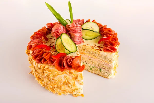 Savory pastry dessert salami pie appetizer almond — Stock Photo, Image