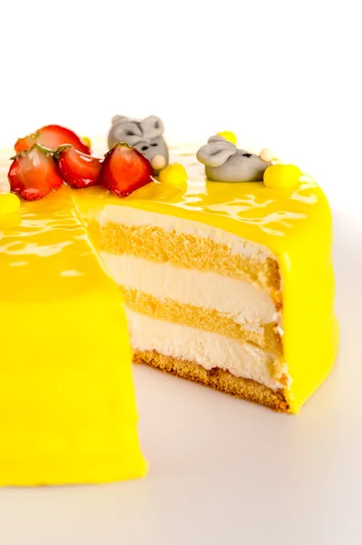 Yellow cake lemon dessert marzipan decoration — Stock Photo, Image