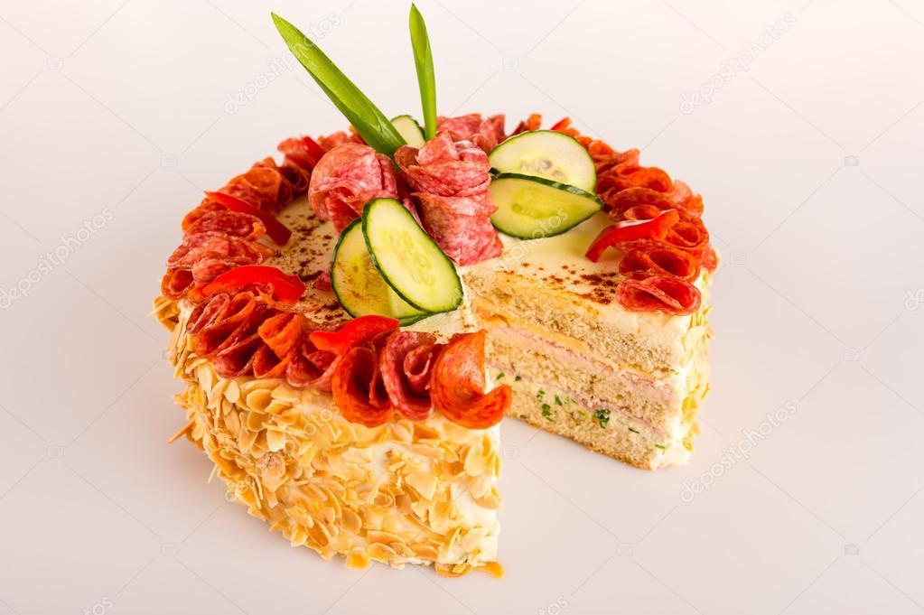 Savory pastry dessert salami pie appetizer almond — Stock Photo