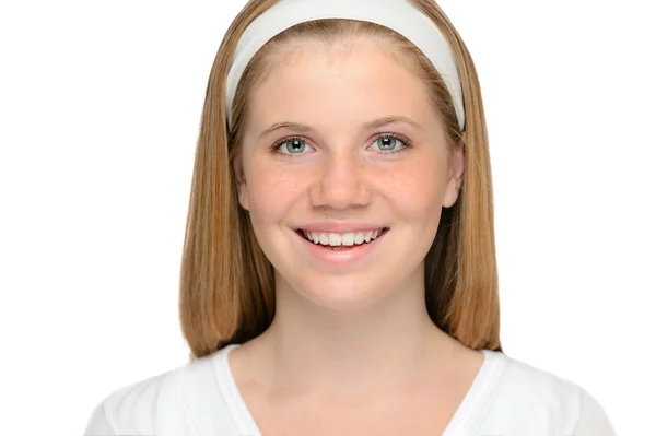 Adolescente loira menina alegre sorridente beleza rosto — Fotografia de Stock