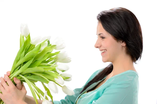 Mujer joven eufórica con ramo de flores —  Fotos de Stock