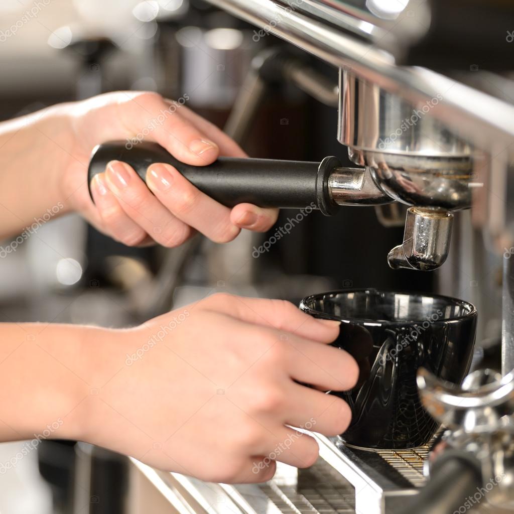 Close up making coffee cappuccino with machine — Stock Photo