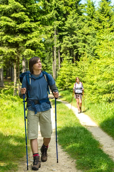 Teen hikers trekking in pine forest — Stock Photo, Image