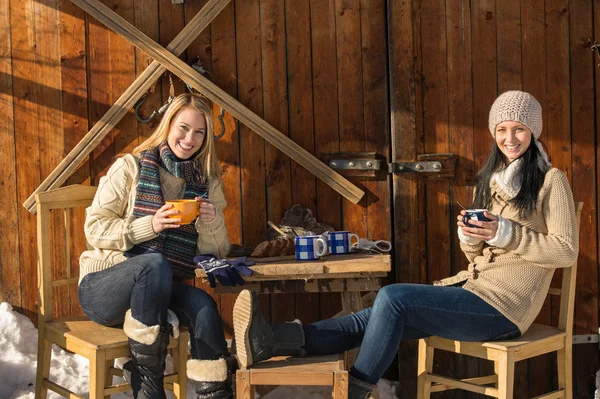 Twee jonge vrouwen genieten van thee winter cottage — Stockfoto