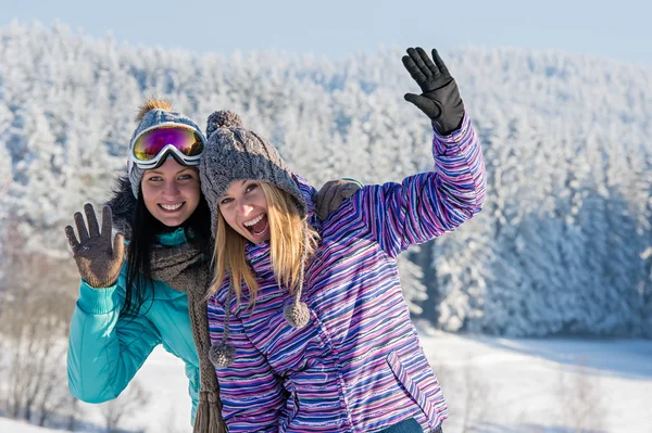 Zwei Freundinnen überwintern Schnee in den Bergen Stockbild