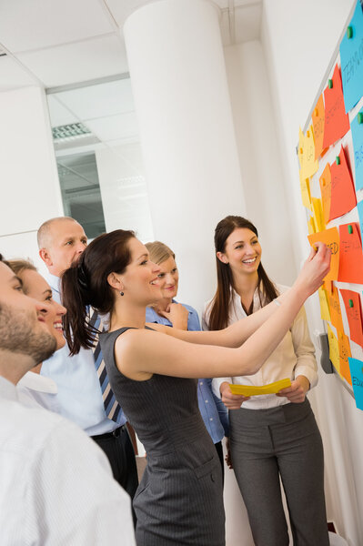 Businesswoman Sticking Labels On Whiteboard