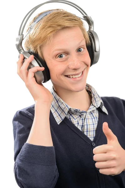 Adolescente chico con auriculares thumb-up — Foto de Stock