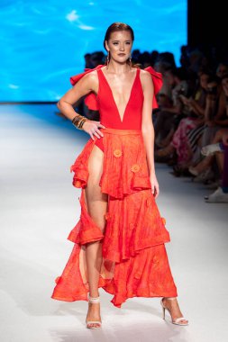 A model walks the runway for The Miami International University of Art and Design Fashion Show during Paraiso Swim Week 2022 at Miami Beach on July 21st, 2022