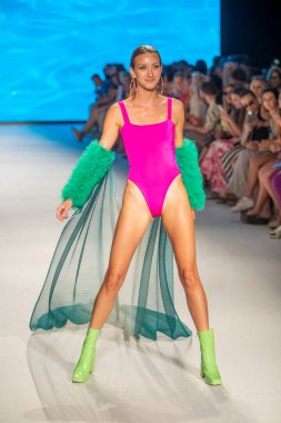 A model walks the runway for The Miami International University of Art and Design Fashion Show during Paraiso Swim Week 2022 at Miami Beach on July 21st, 2022