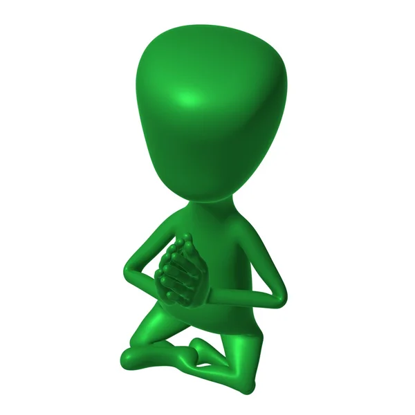 Green 3d puppet mimicking praying pose — Stock Photo, Image