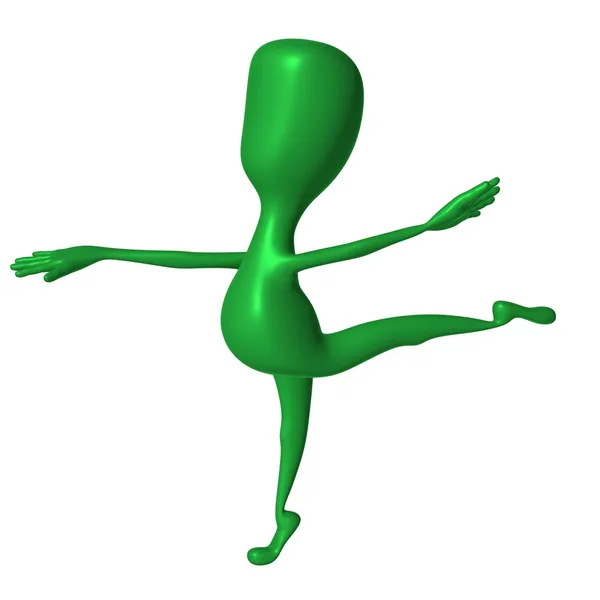 Green 3d puppet pose on leg fingers — Stock Photo, Image