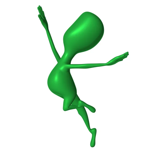 Green 3d puppet jump on leg fingers — Stock Photo, Image