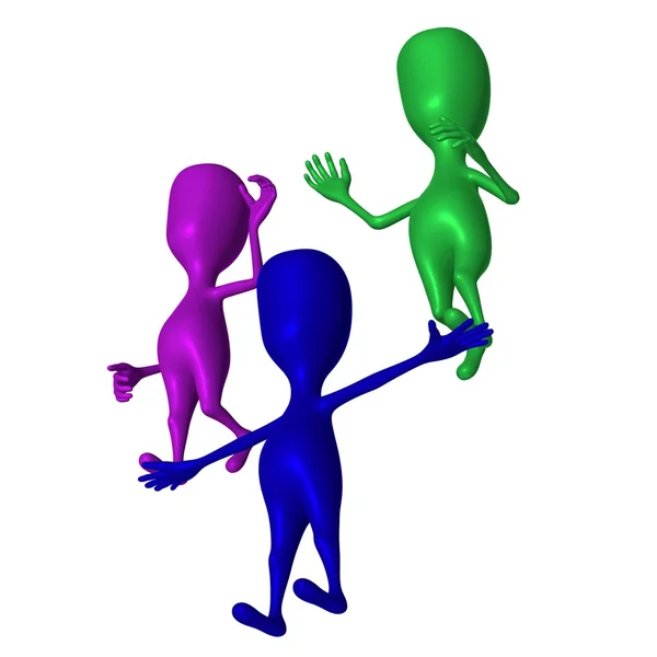 Blue green and purple 3d puppets training — Stock Photo, Image