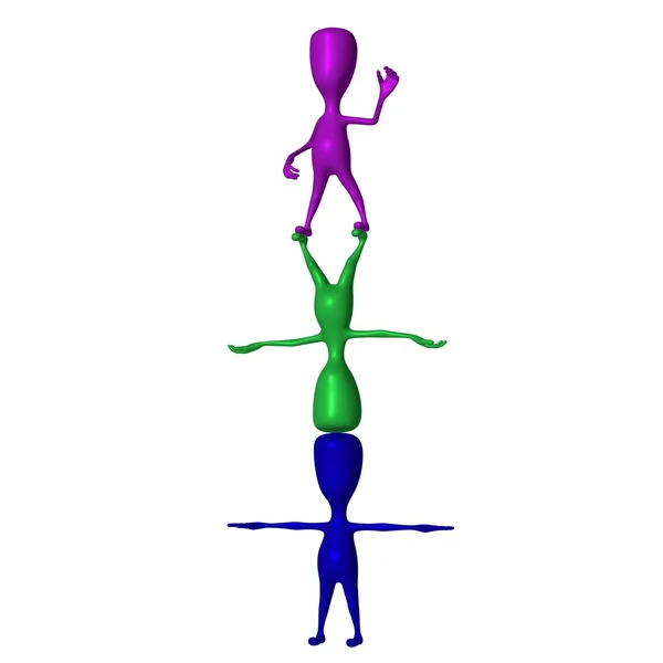 Three 3d puppets standing on eachothers — Stock Photo, Image