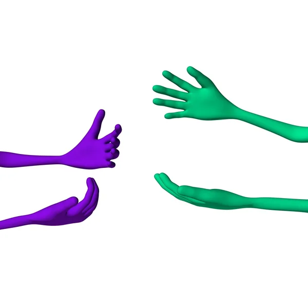 Purple and green 3d hands stall — Stock Photo, Image