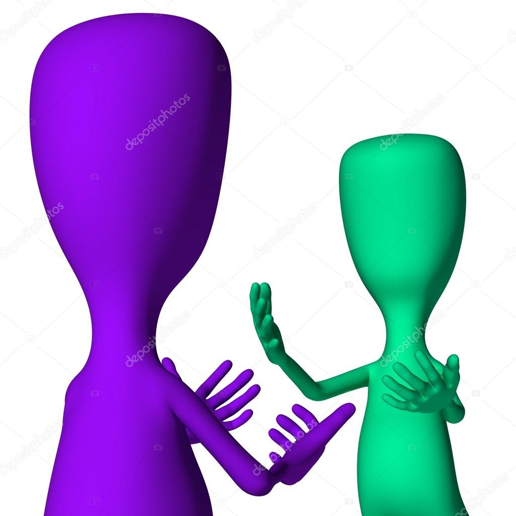 Purple and green 3d puppets greeting happily