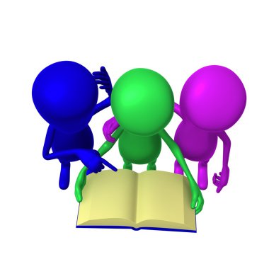 View three 3d puppets reading blue book clipart