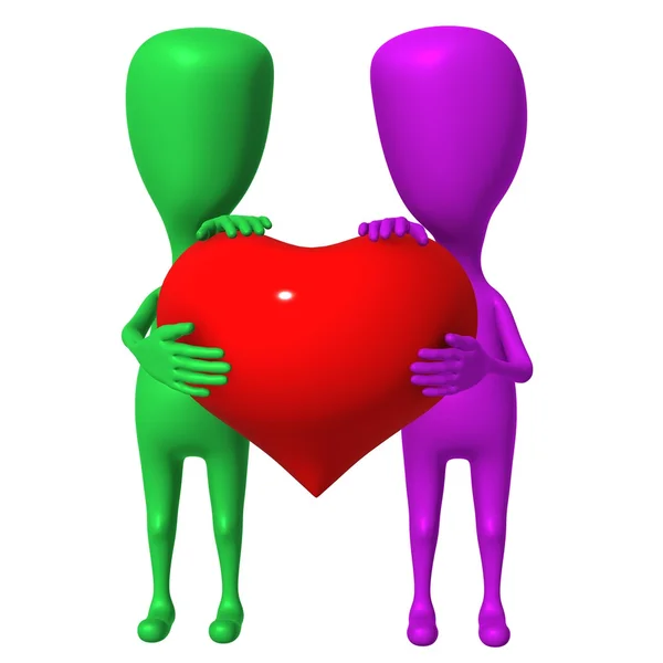 3d puppet share one big red heart — Stock Photo, Image