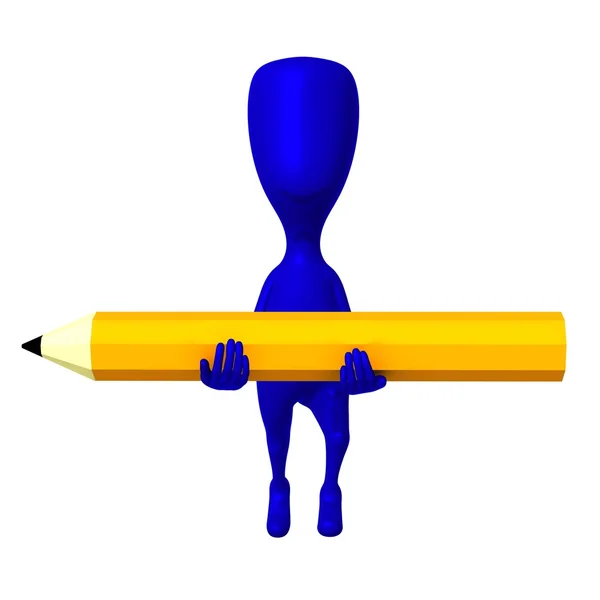View one 3d puppet carry yellow pencil — Stock Photo, Image