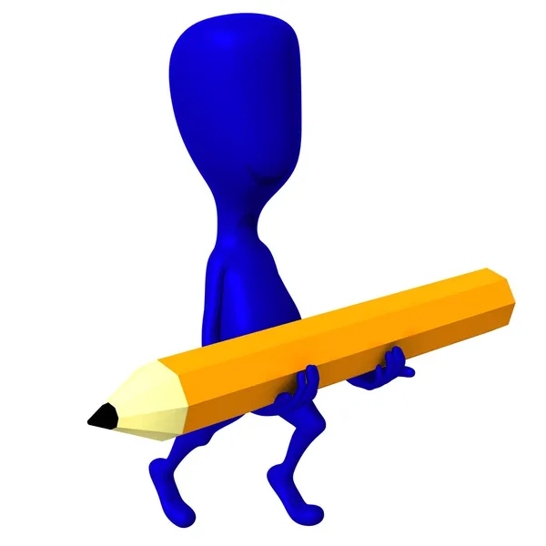 View one 3d puppet carry yellow pencil — Stock Photo, Image