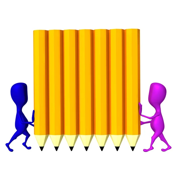 3d títeres sostienen la pared de lápices amarillos — Foto de Stock