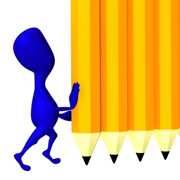 3d puppet hold yellow wall from pencils — Stock Photo, Image