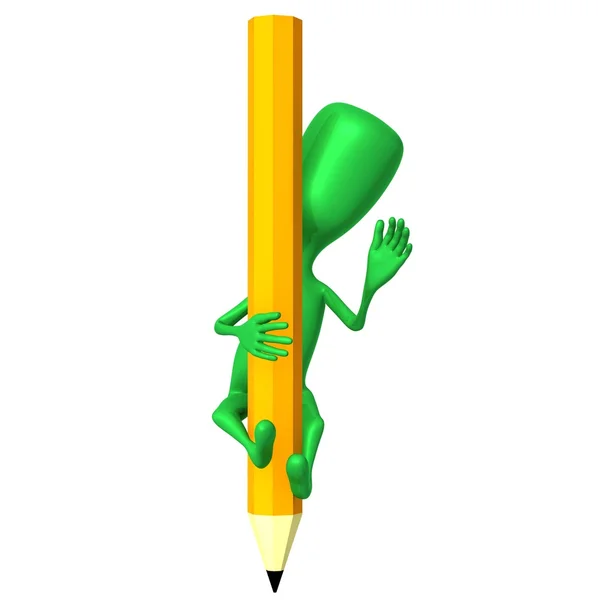 View 3d puppet climbing on yellow pencils — Stock Photo, Image