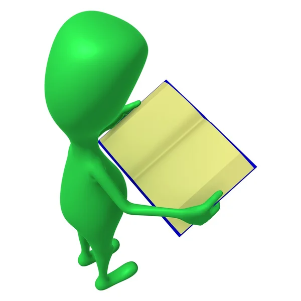 View green 3d puppet reading blue book — Stock Photo, Image