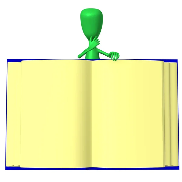 View one 3d puppet behind big book — Stock Photo, Image