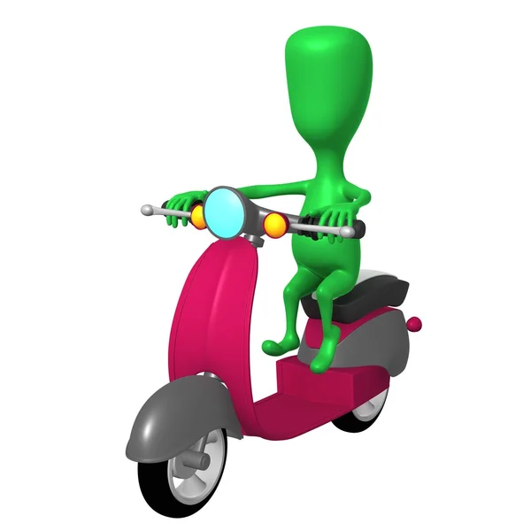 Zobacz zieleń szczeniak jazdy na skuter różowy — Zdjęcie stockowe