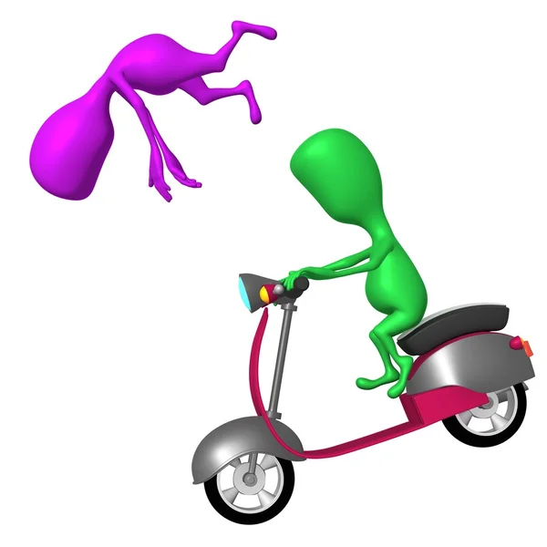 View puppy fly over scooter on braking — Stock Photo, Image