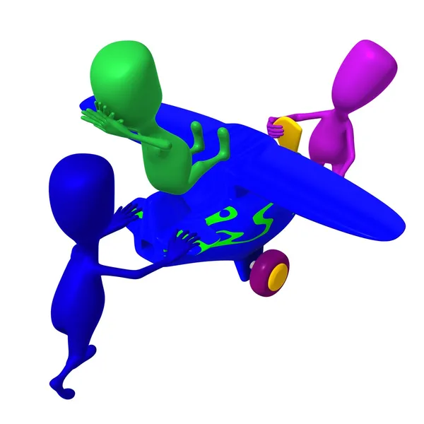 Drei Welpen spielen mit blauem Flugzeug — Stockfoto