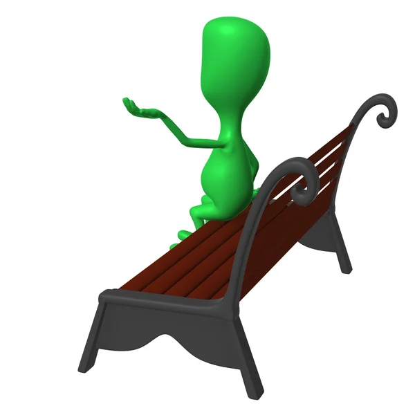 Zobacz zielonego ludzika na ławce badania pogody — Zdjęcie stockowe