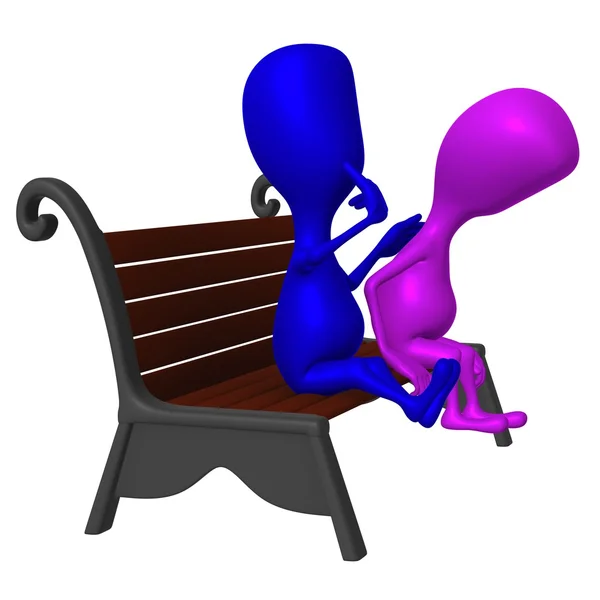 Zobacz niebieskiego ludzika pocieszenia innym na ławce — Zdjęcie stockowe