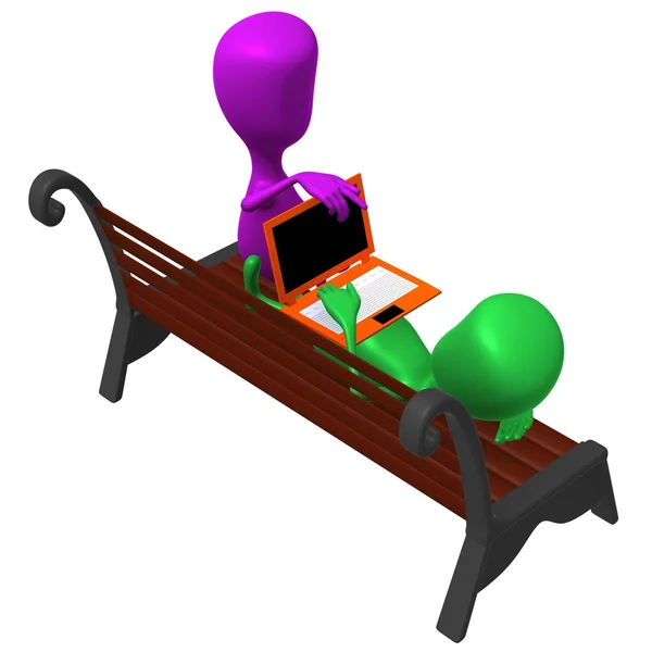 View puppet chat with friend on bench — Stock Photo, Image