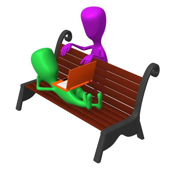 Zobrazit loutka chat s přítelem za lavička — Stock fotografie