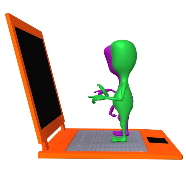 Lihat puppet yang berdiri di laptop berukuran besar — Stok Foto