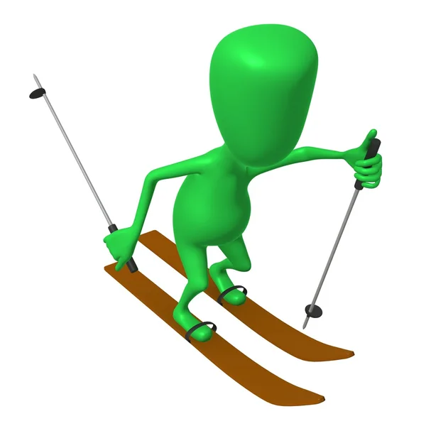 Visa grön marionett ski på vit snö — Stockfoto