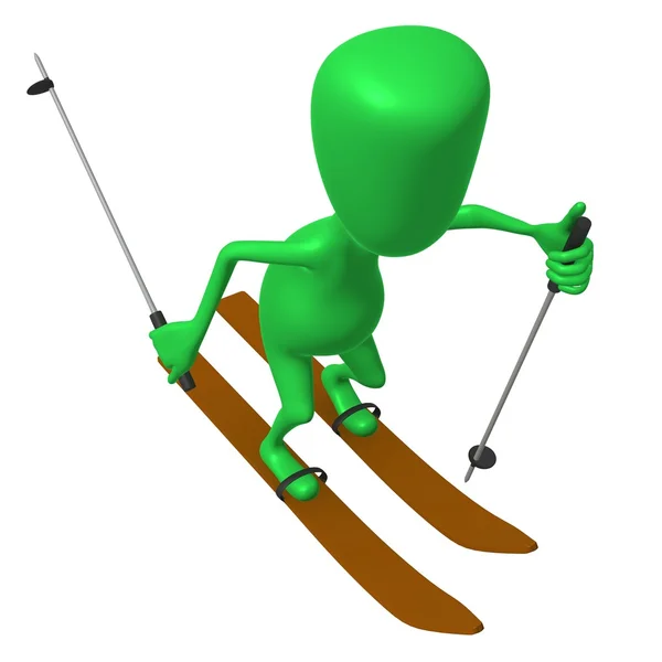 Visa grön marionett ski på vit snö — Stockfoto