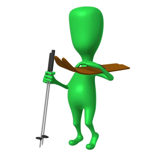 View green puppet with skis on shoulder — Stock Photo, Image
