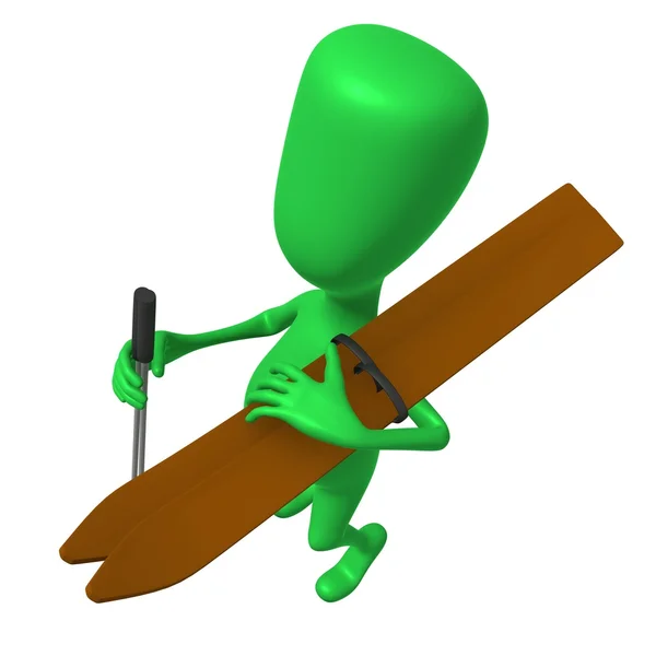 Zobacz zielonego ludzika z nartami na ramieniu — Zdjęcie stockowe