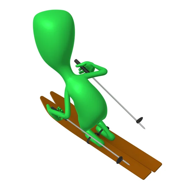 View green puppet maneuvering skis on gliding — Stock Photo, Image