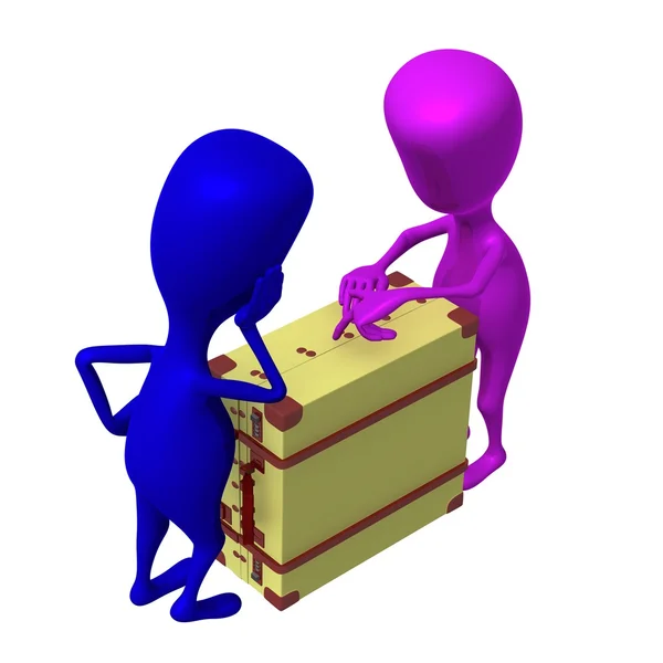 View puppets discuss over package in suitcase — Stockfoto