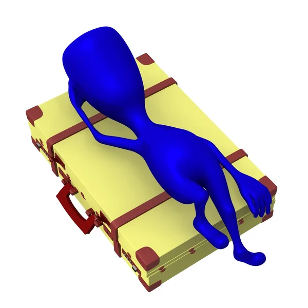Вид голубой куклы, лежащей на квадратном чемодане — стоковое фото