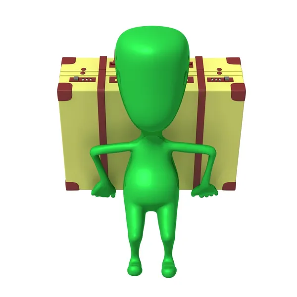 View puppet carry suitcase on his back — Stock Photo, Image