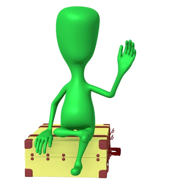 Visa marionett på stora resväska hälsning vän — Stockfoto